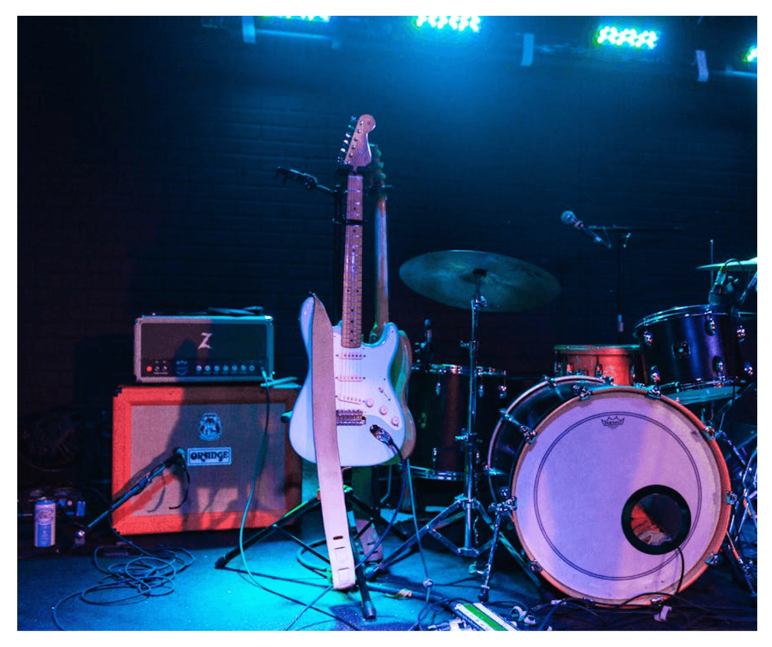 Stage setup with musical instruments